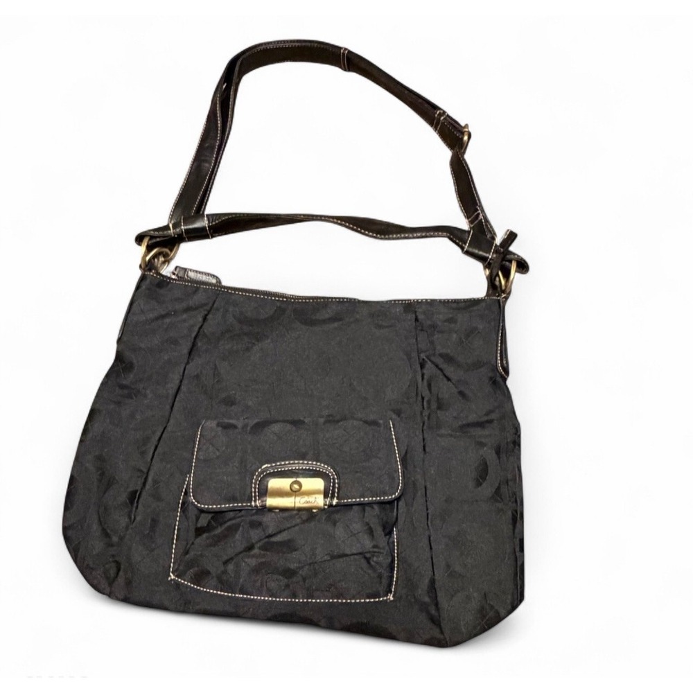 Coach Kristin Black Signature Jacquard Hobo‎ Shoulder Bag Leather Trim